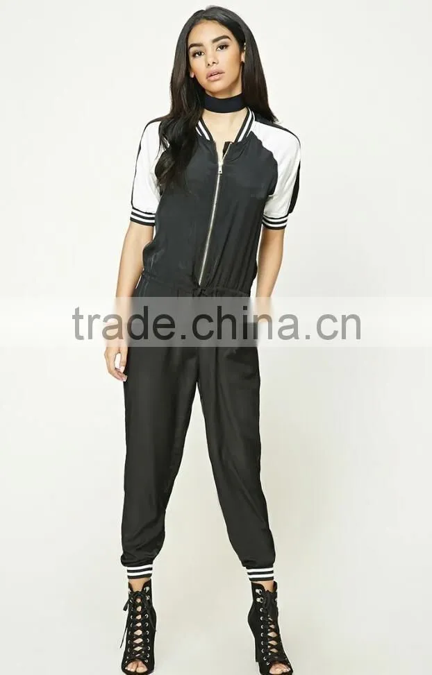 Adult Casual Harem Pants Breathable Half Sleeve Design Drawstring Waist Fashion Contrast Black Sexy Womens Bodycon Jumpsuits