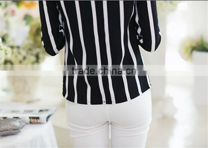 Fashion Korea Womens Stripe Blouse Long Sleeve Shirt Chiffon Slim Fit Tops