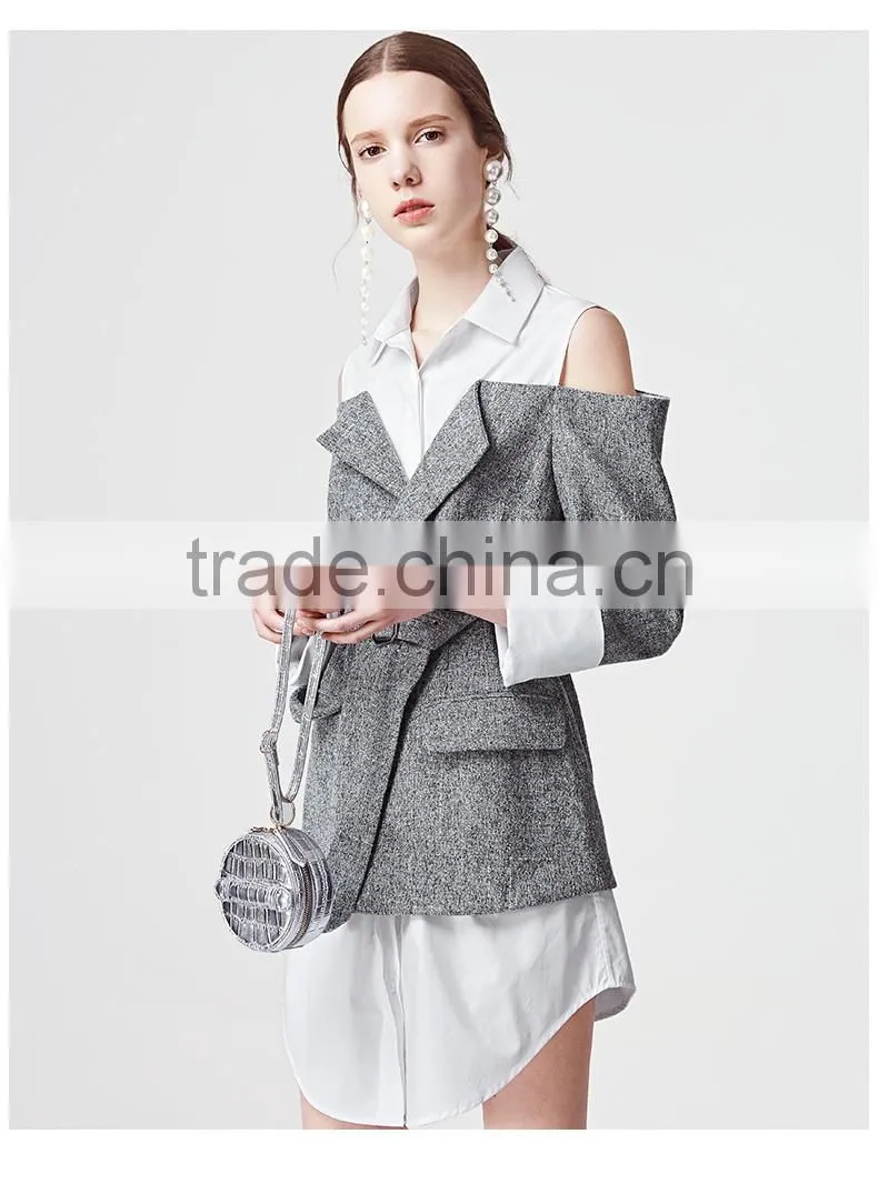 2017 new design cold shoulder long sleeve fake 2 piece shirt