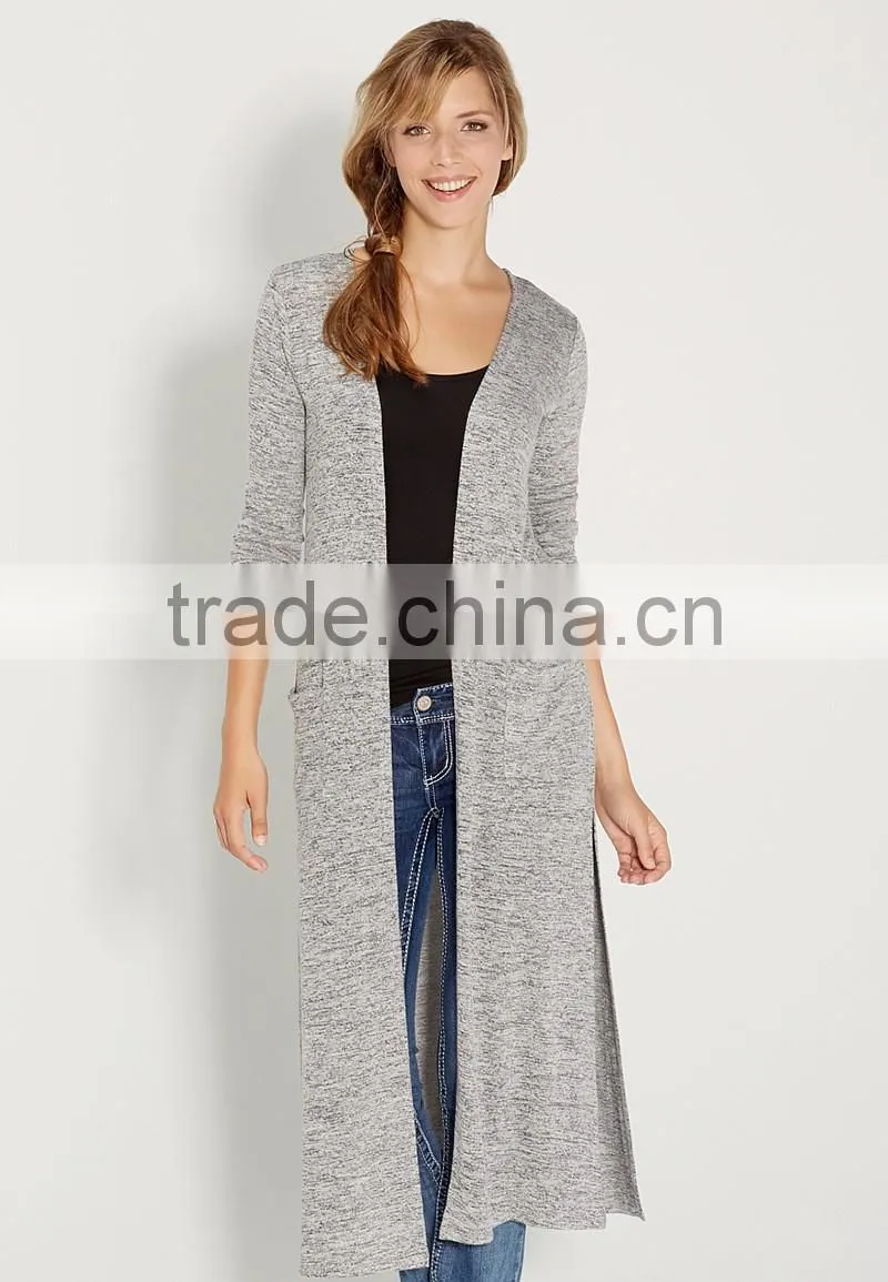 ladies fashion soft high side slit enlongated cardigan sweater pockets