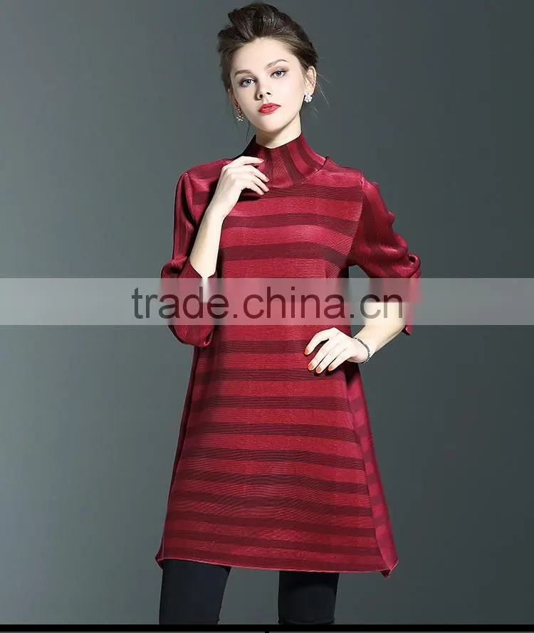 Spring models lady casual clothing stripped turtleneck crinkled dress