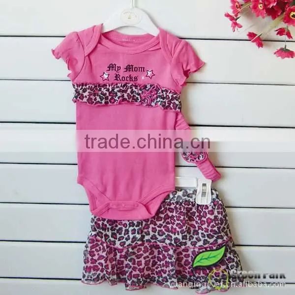 infant hot pink rompers+leopard tutu skirts+hairband 3pcs clothing sets baby suits kids outfits