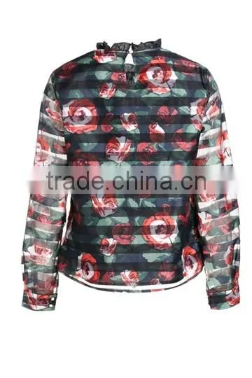 New female perspective stripe flower print loose long-sleeved shirt