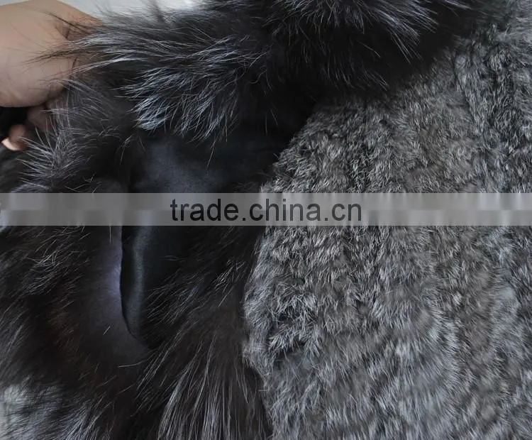 YR263 Genuine Rabbit Knit Fur Vest with Fox Collar Top Quality
