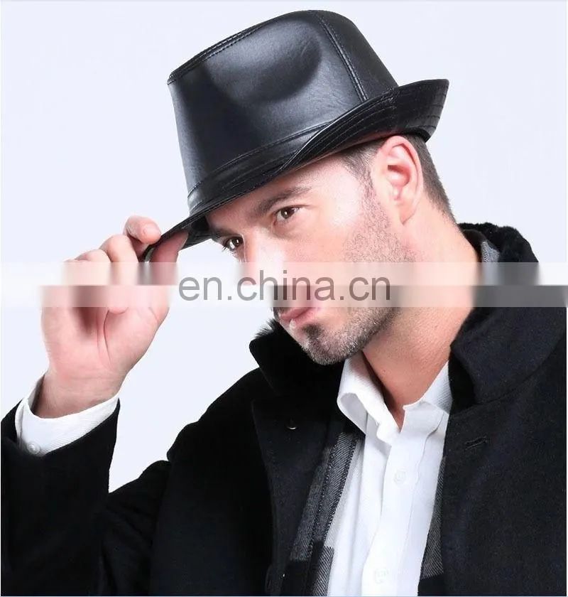 Gentleman fashion leather bucket/fedora cap/ hat in black