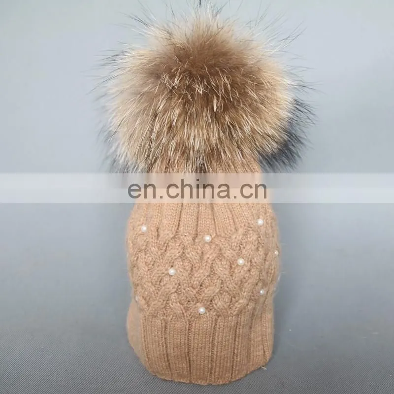 Super natural color raccoon fur pom pom hats with pearls for ladies