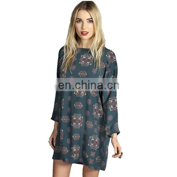 Wholesale latest retro women print long sleeve vintage dress