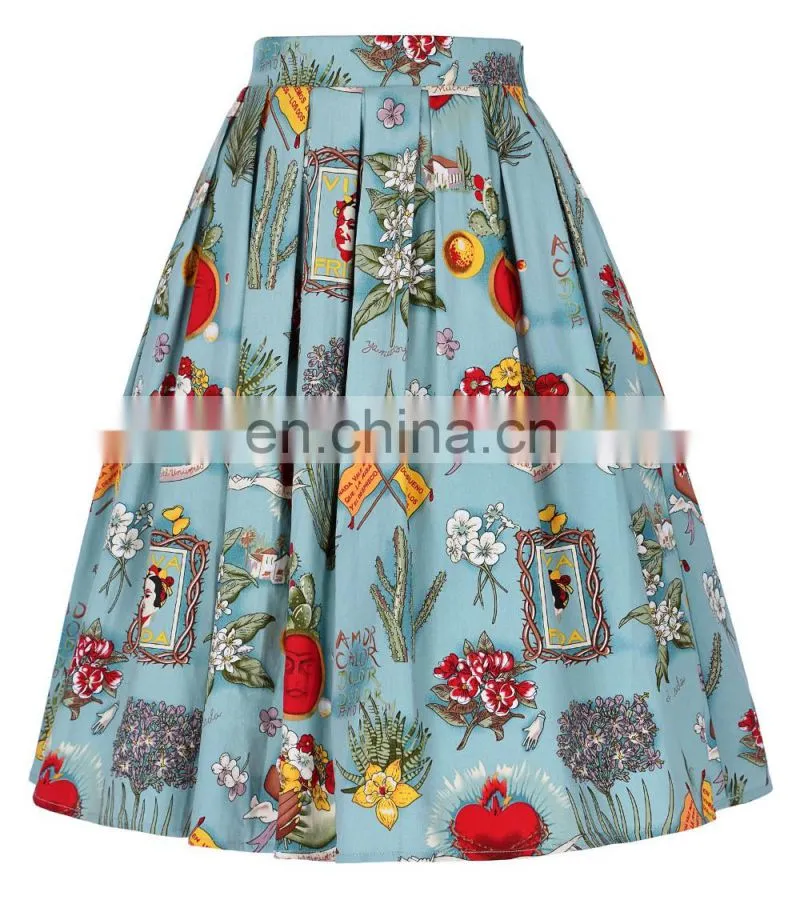 Grace Karin Women's Vintage Retro A-Line Pleated Cotton Print Skirt 5 Patterns CL010401-2