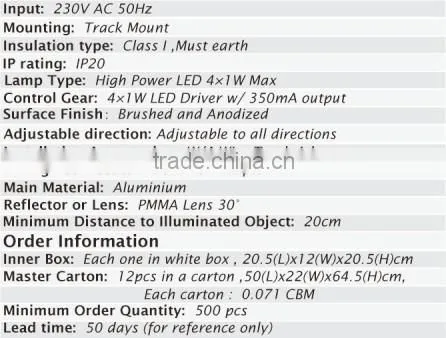 4X1W led manufacturer adjustable LED spotlight for three-phase busbars