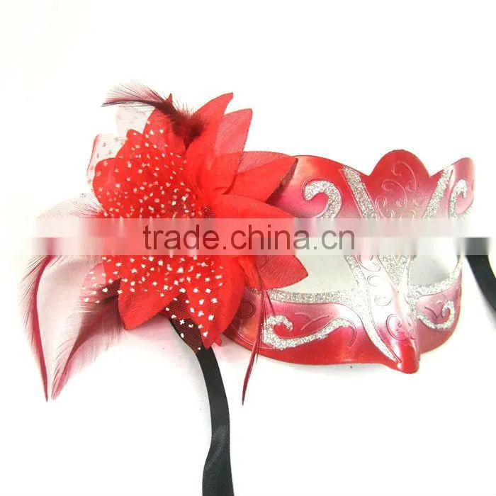 Red Plastic Masquerade Mask With FLower