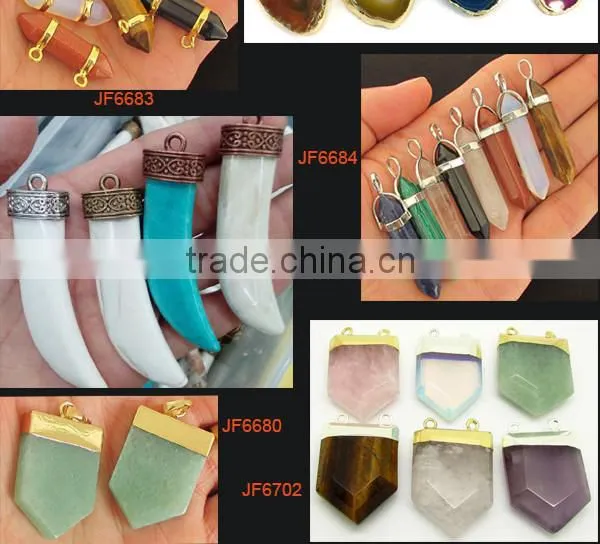 JF2251#60 Wholesale Rainbow Plated Natural Stone Point Pendants,Chakra Hexagonal Pendant