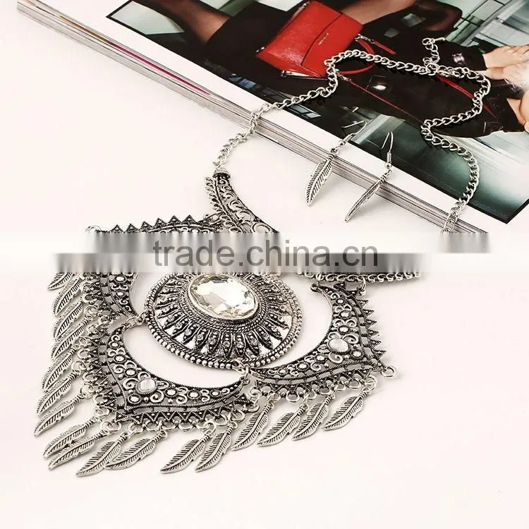 Turkish Jewelry Set Ethnic Antique Silver Choker Necklace With Tassel Leaf Pendant