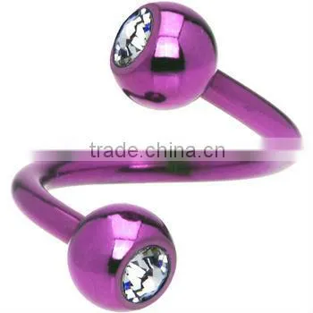 Purple Crystal Austrian crystal Anodized Titanium Spiral Belly Ring 14 Gauge Titanium Belly Ring Body Jewelry