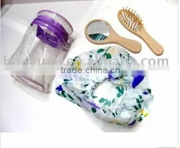 Spa Salon Disposable Plastic clear shower hair bath cap & comb & PVC Waterproof bags Bath Set