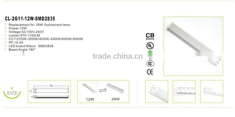 12w AC100V-240V SMD2835 led lamp Replace 28W fluorescent lamp