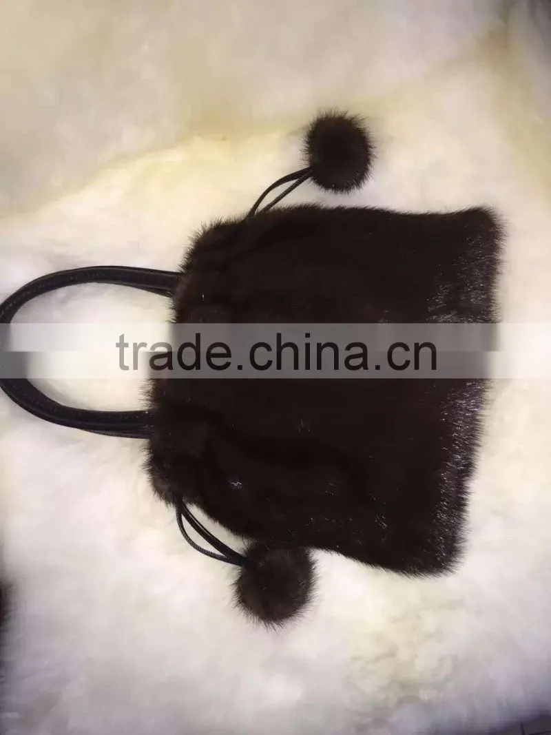 Korea style mink fur handbag with mink fur pompoms for ladies