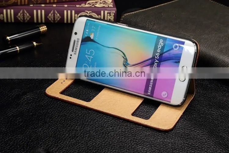 Genuine Leather Cover Window Display Stand Phone Flip Case For Samsung Galaxy S6 Edge