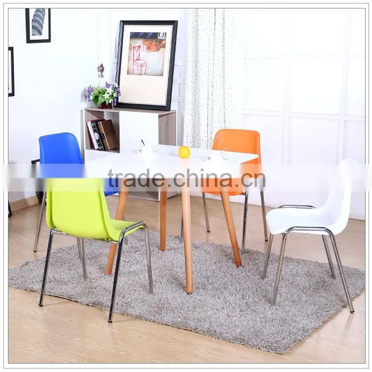 Colored plastic chairs with chrome metal legs