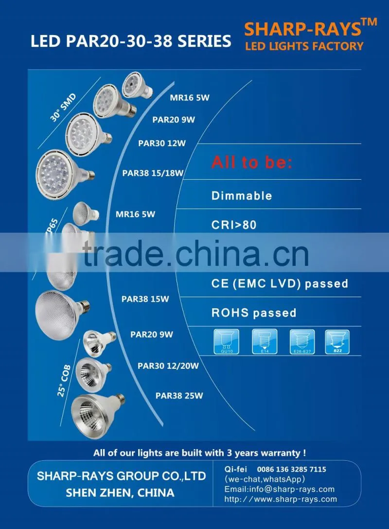 par30 E26 E27 wide angle frosted diffused milky pc cover waterproof IP65 led dimmable par30 spot bulb light