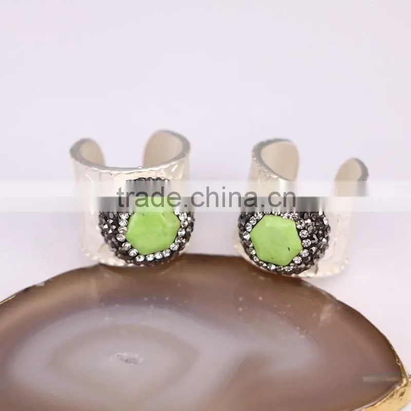 Green / BlueColor Turquoise Druzy Rings, Metal Silver Plated Wide Band Pave Crystal Zircon Faceted Turquoise Jewelry Finger Ring