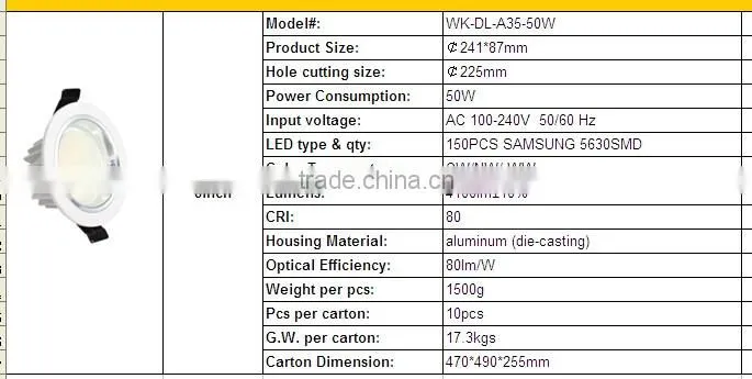 SAA Dimmable LED Downlight 50W Recessed LED downlight Samsung Chip