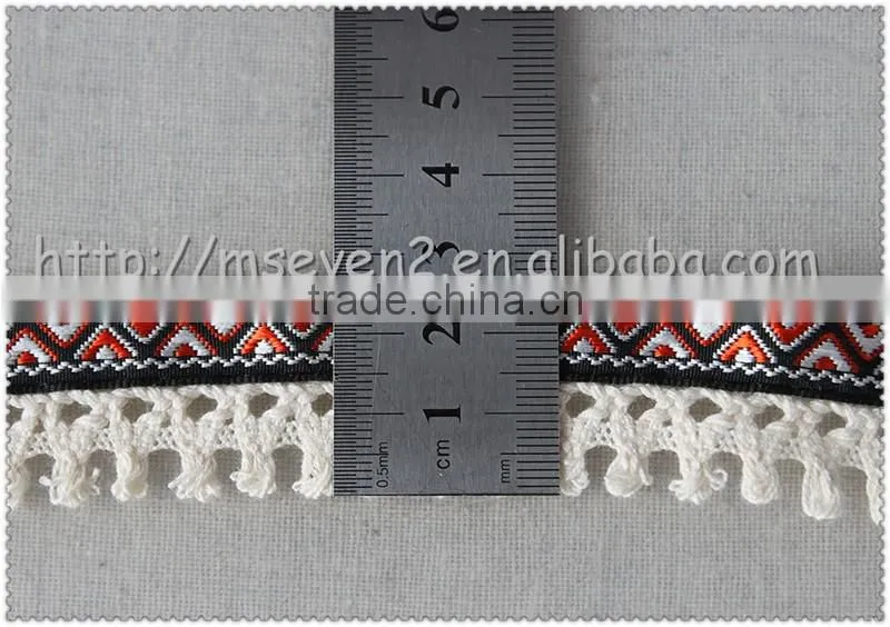 Hot selling elegant Jacquard cotton tassel trim, chemical cord trim with Jacquard fringe for clothes