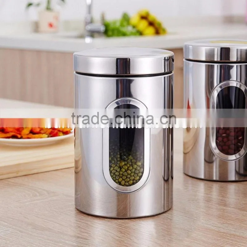 3pcs Round Stainless Steel Tea Coffee Sugar Canisters with Transparent Window