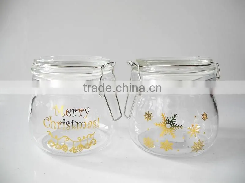 branded printed clear empty glass food container with metal clamp lid