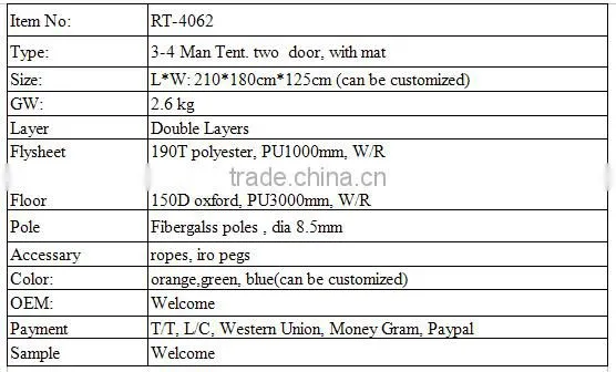 Two Door Fiberglass Poles Polyester Fabric Camping Tent for Family