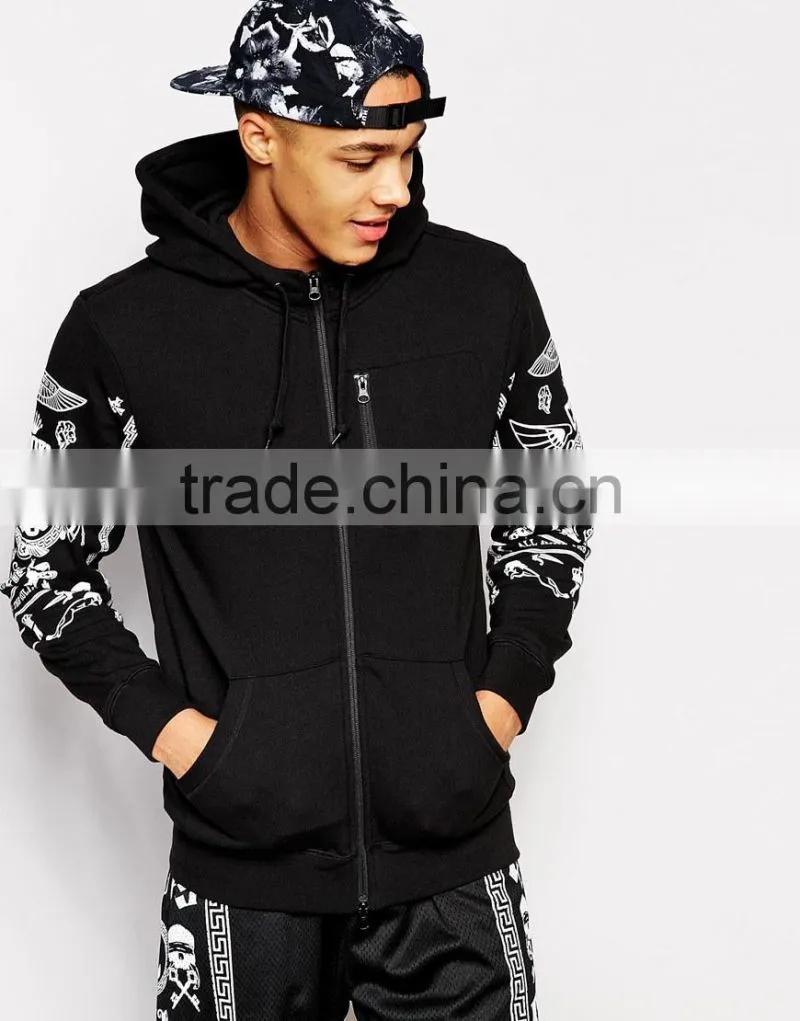 Sleeves printed custom black zip up hoodie