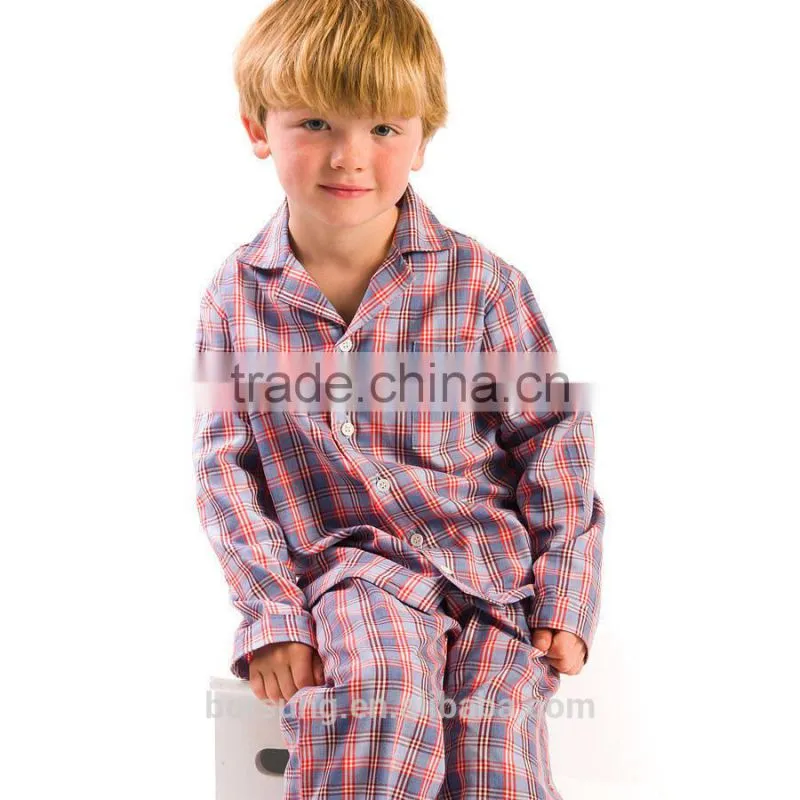 OEM Factory 2015 Long Sleeve Organic Kids Pajamas, Boys Botton Plaid 2 Pieces Children 100% Cotton Pyjamas