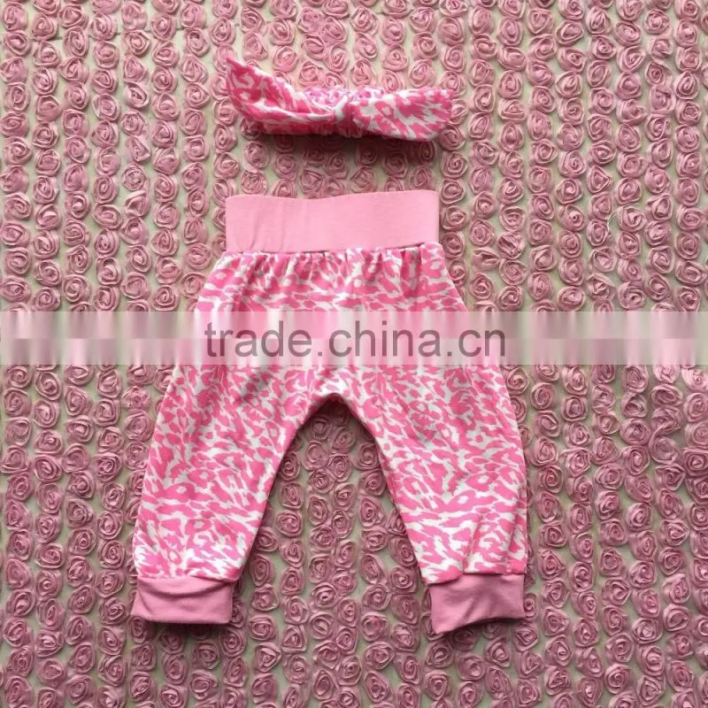 2016 fashion hot sell baby girl 2 pcs light pink pattern clothes baby harem pants with headband