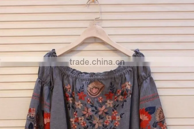 2017 Korean ladies off shoulder top long sleeve shirt embroidered blouses shirts