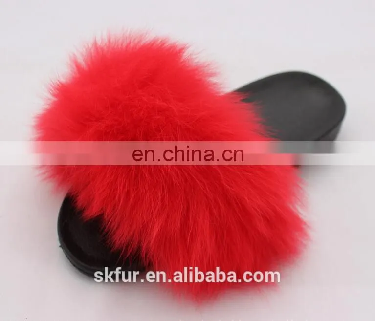 Factory wholesale long hair and soft real fox fur slides for women