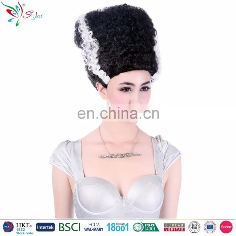 wholesale synthetic wigs halloween black with white streaks crazy wig styles