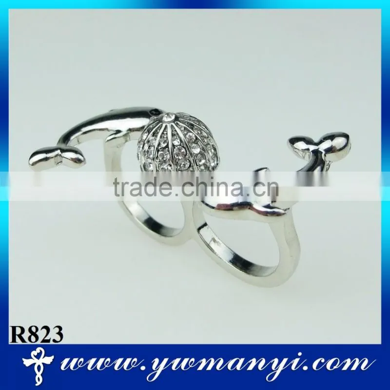Fashion rhinestone ring double ring dolphin logo plating silver ring R823