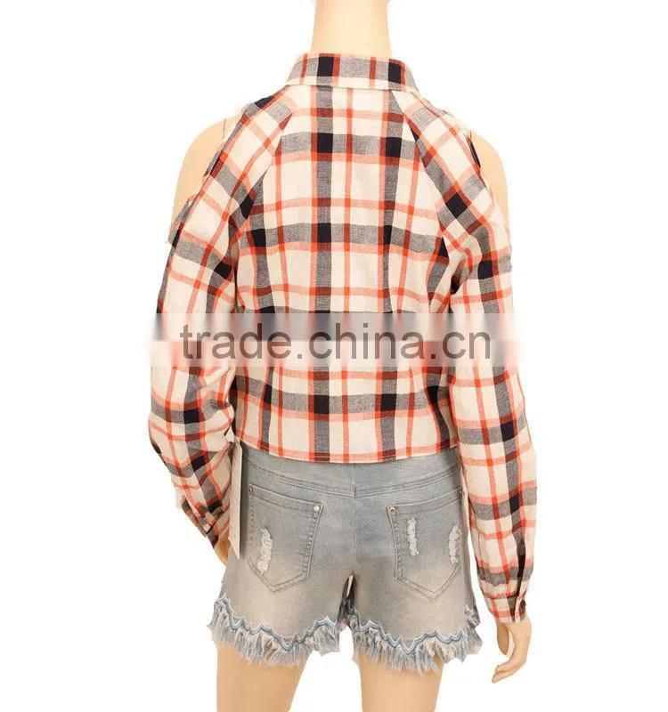 cold shoulder women plaid shirt long sleeve fashion blouses 2015