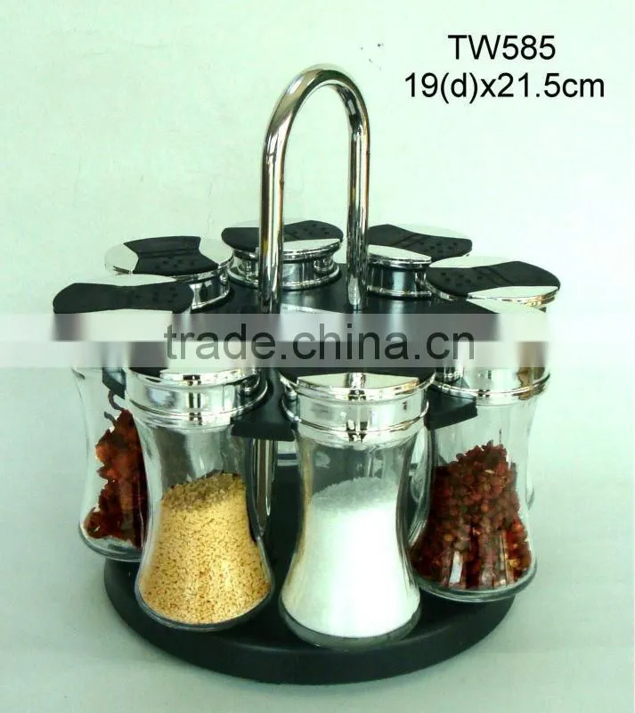 TW989B 8pcs glass spice jar set with plastic stand
