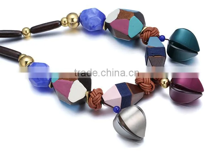 Women Necklace Wood Round Circle Pendant Pattern Sweater Chain Long Necklace