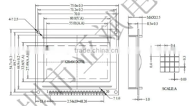 Professional Manufacturer 12864 128*64 LCD Display Module Outline Dimension:75.0*54.7*12.5mm