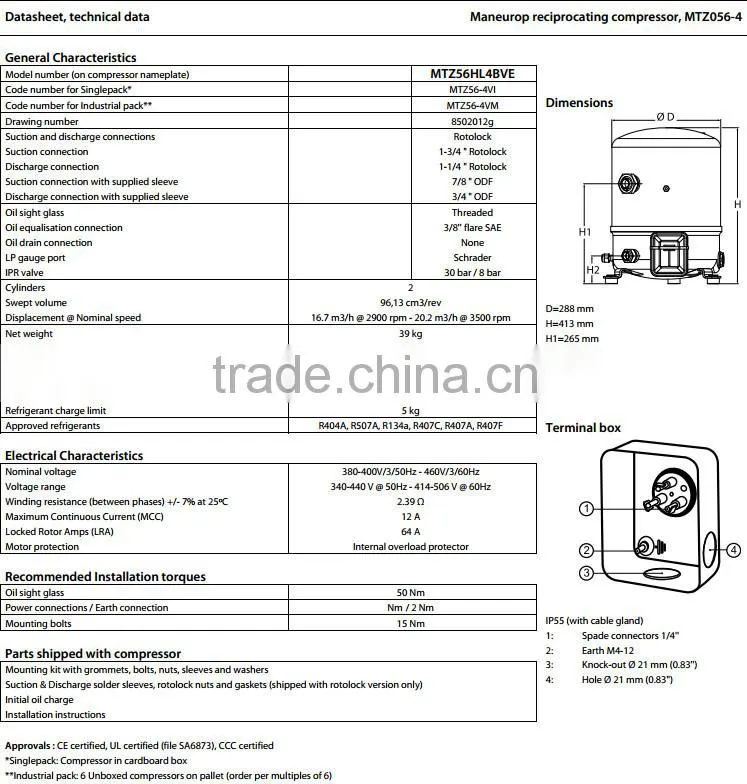 Hot Sell MTZ Series Maneurop Reciprocating Piston Compressor,MTZ056-4VM