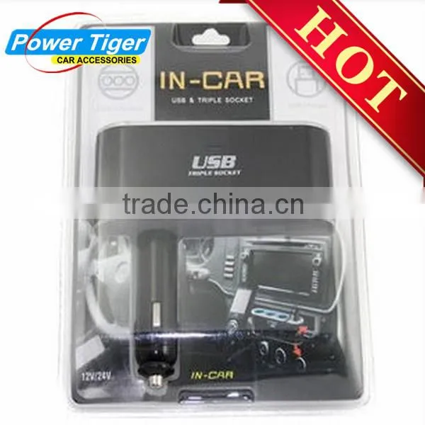 triple socket 12V/24V Car Cigarette Lighter with USB Port