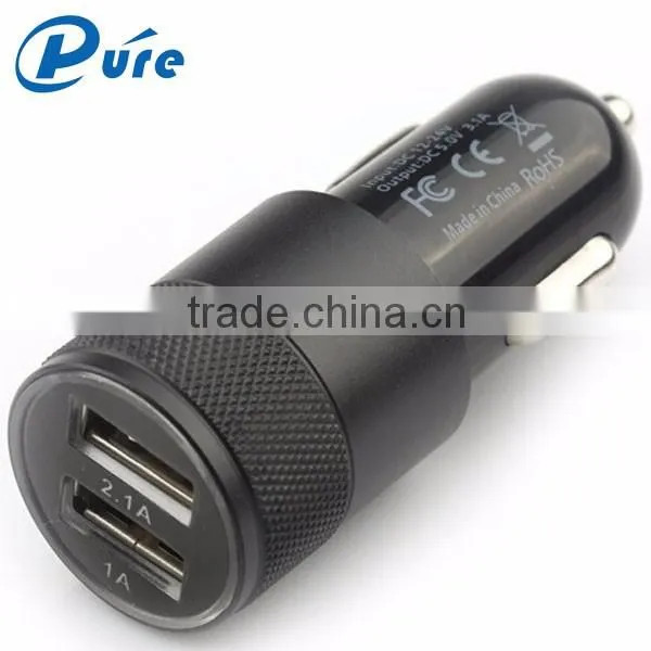 5V 2.1A Aluminum/ABS material Bullet 2 Port Smart USB Car Charger For Iphone 5/6 and Samsung
