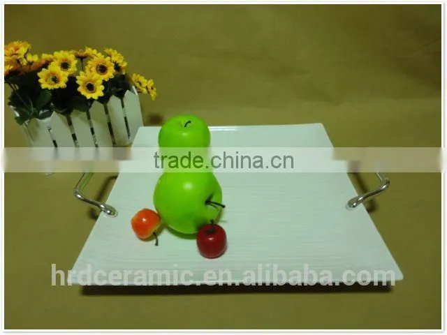 Stocked cheap printing ceramic divided plate with handles