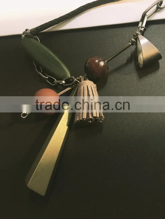 geometric wood bead rubber strip pendant necklace velvet leather tassel necklace chain linked suede leather necklace
