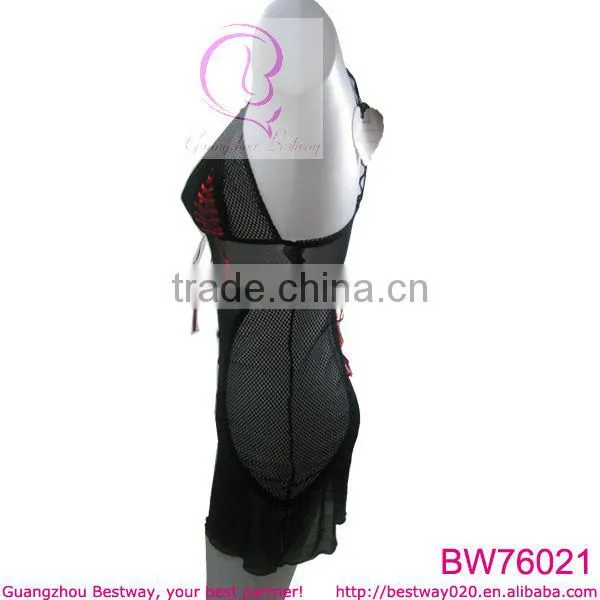 Fantacy sexy women black transparent lingerie with red ribbon