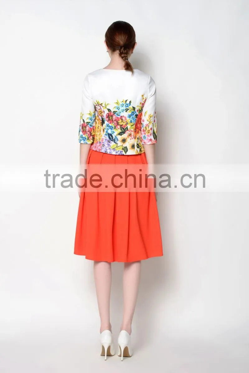 hot sell o neck floral half sleeve latest skirt and blouse for women