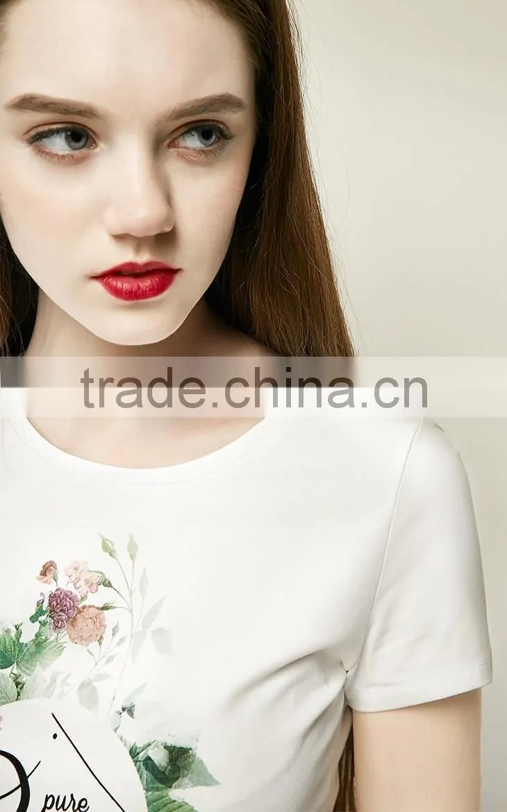 Girls 95% cotton 5%spandex skinny short sleeve flower printing white tee