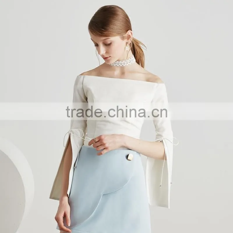 trumpet sleeve round neck casual fashion lady blouse for wholesale