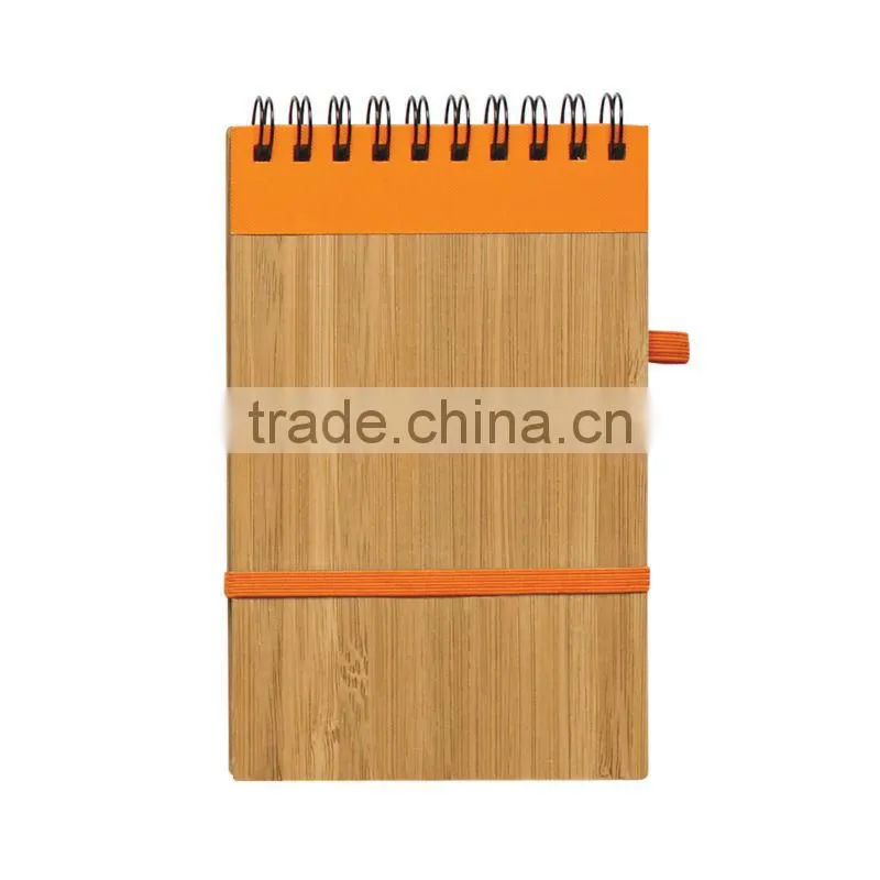 Wooden cover spiral notebook 70grams 70sheets 9*14cm with elasticity with recycle paper pen